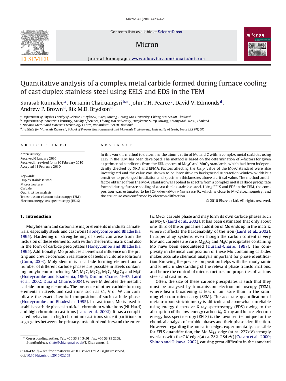 Quantitative analysis of a complex metal carbide formed during furnace cooling of cast duplex stainless steel using EELS and EDS in the TEM