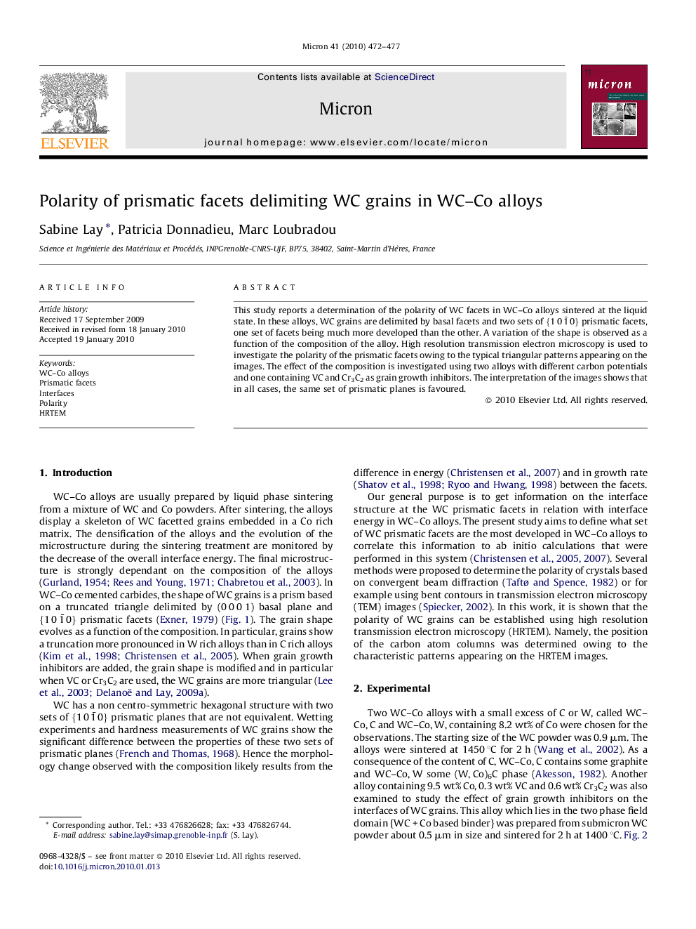 Polarity of prismatic facets delimiting WC grains in WC-Co alloys