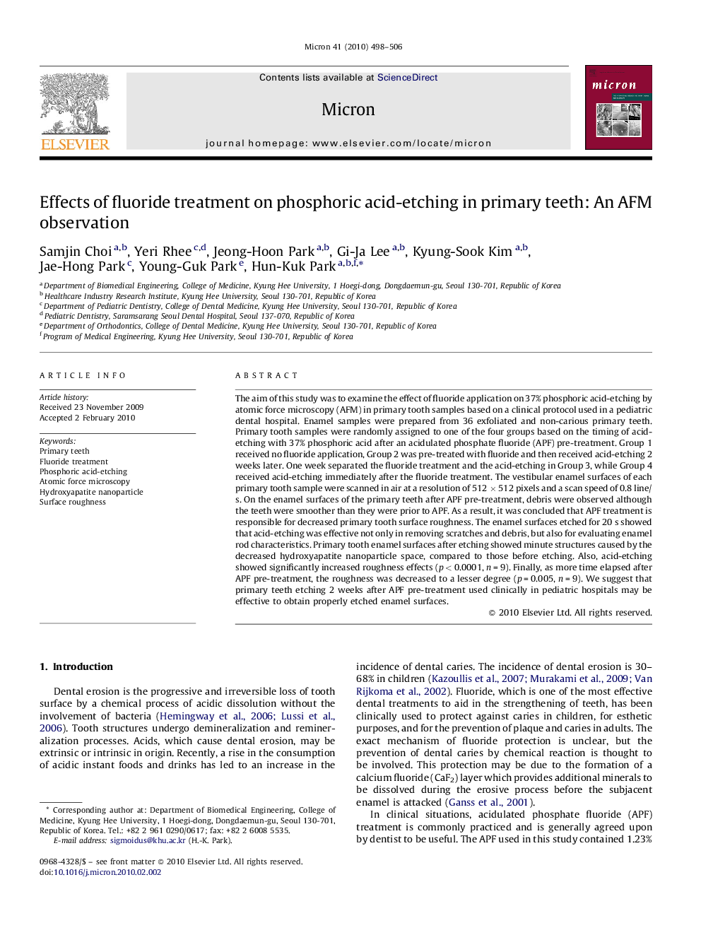 Effects of fluoride treatment on phosphoric acid-etching in primary teeth: An AFM observation