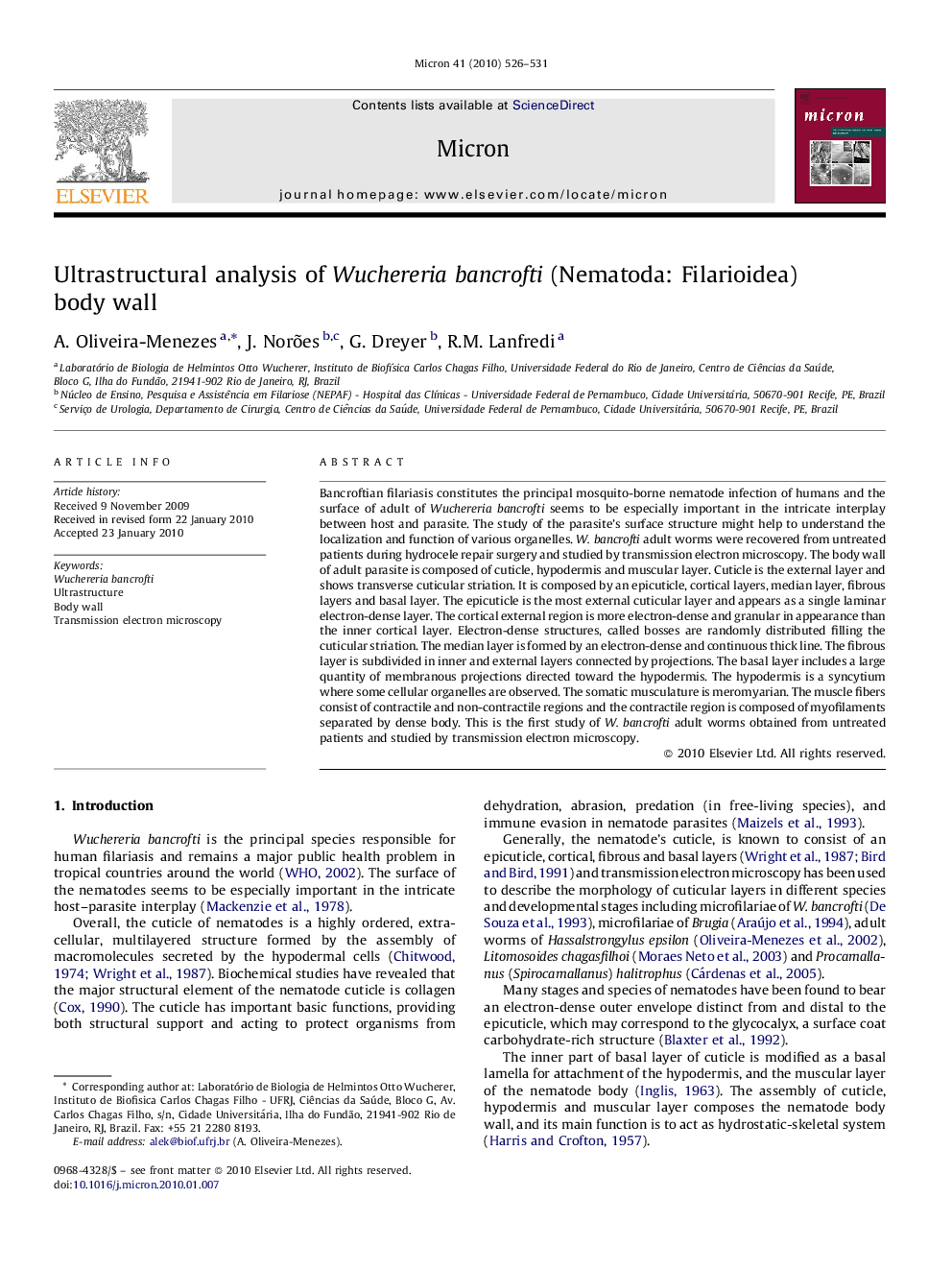 Ultrastructural analysis of Wuchereria bancrofti (Nematoda: Filarioidea) body wall