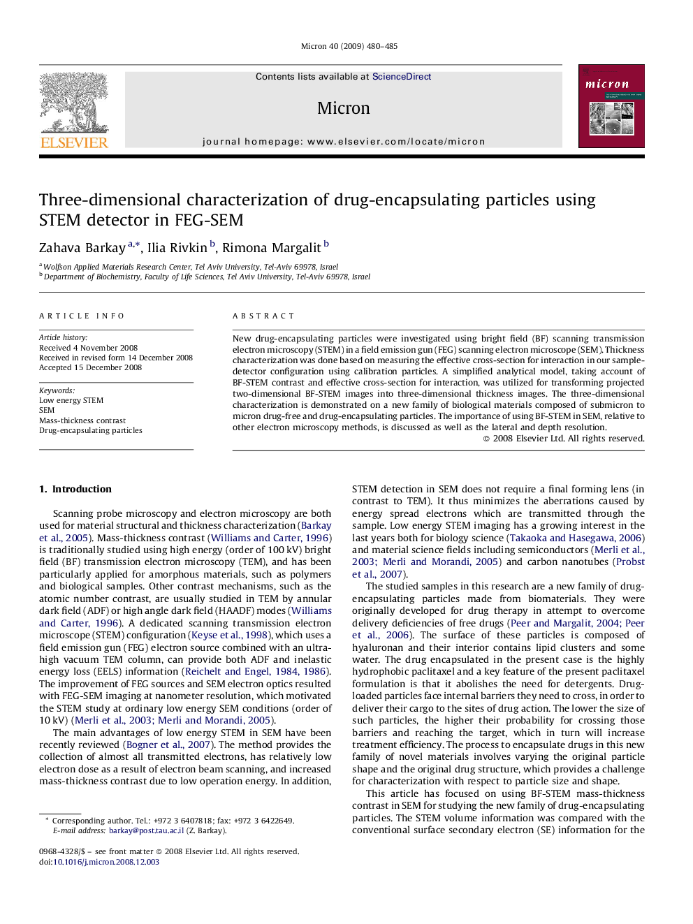 Three-dimensional characterization of drug-encapsulating particles using STEM detector in FEG-SEM