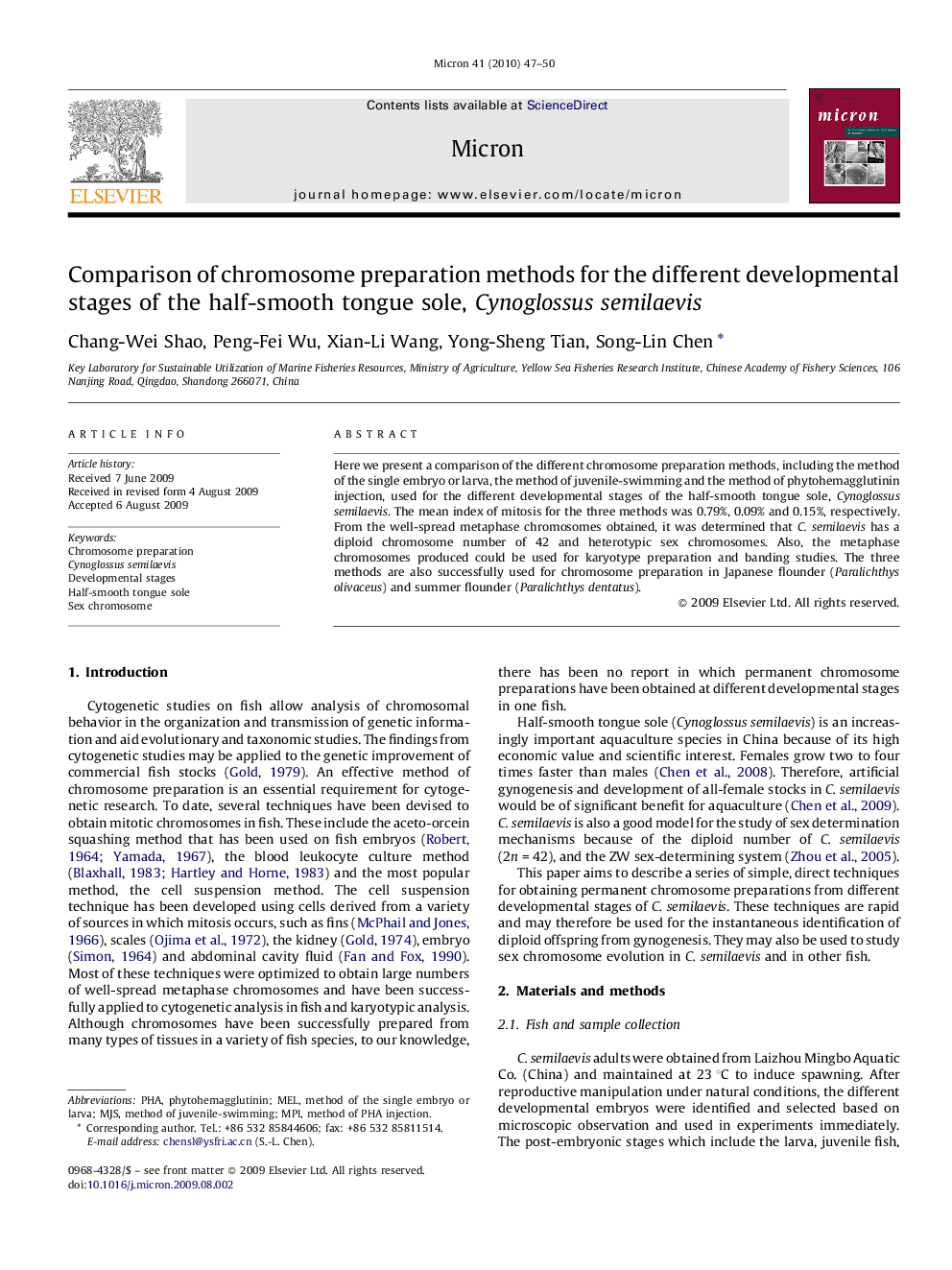 Comparison of chromosome preparation methods for the different developmental stages of the half-smooth tongue sole, Cynoglossus semilaevis