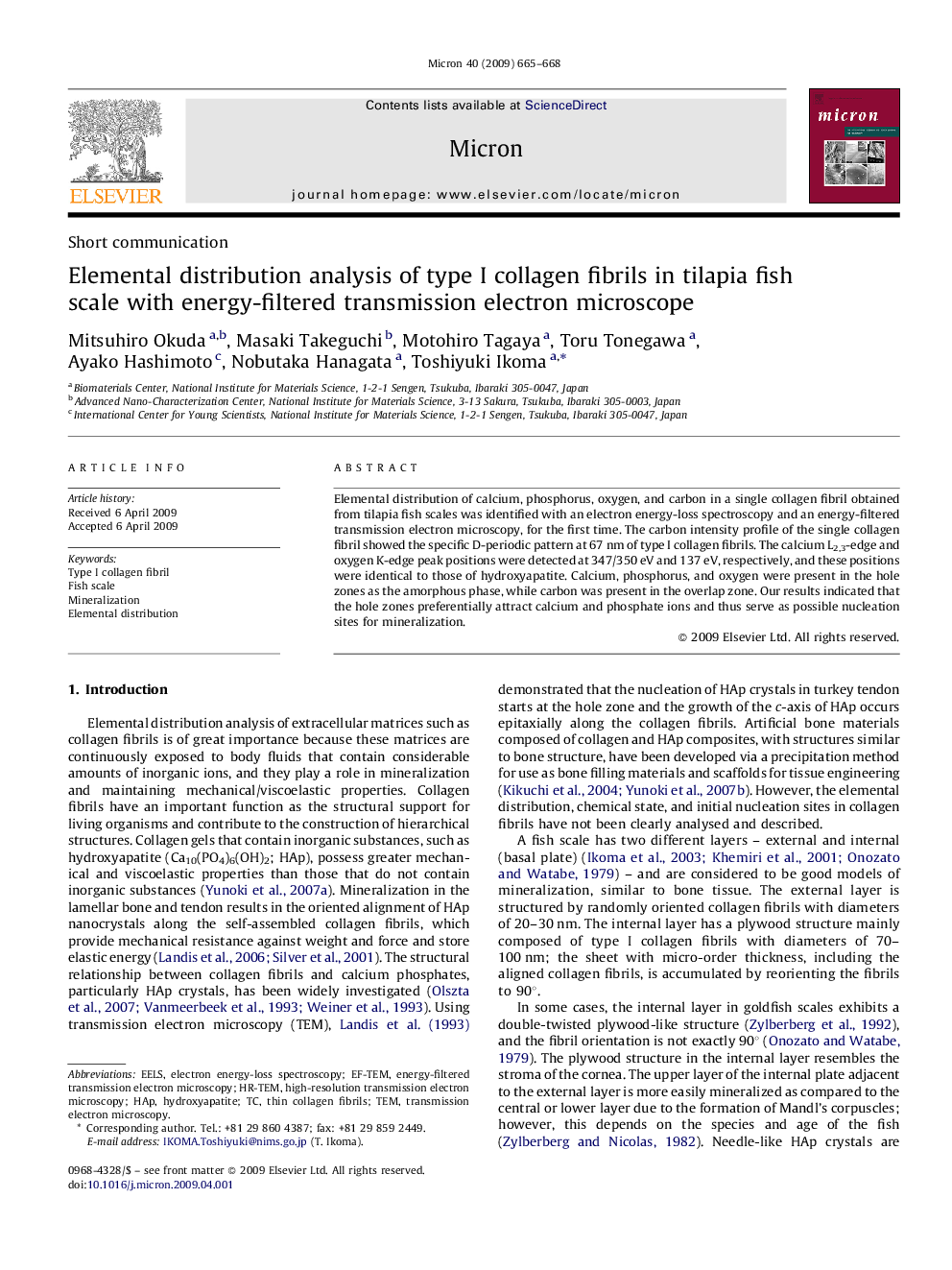 Elemental distribution analysis of type I collagen fibrils in tilapia fish scale with energy-filtered transmission electron microscope