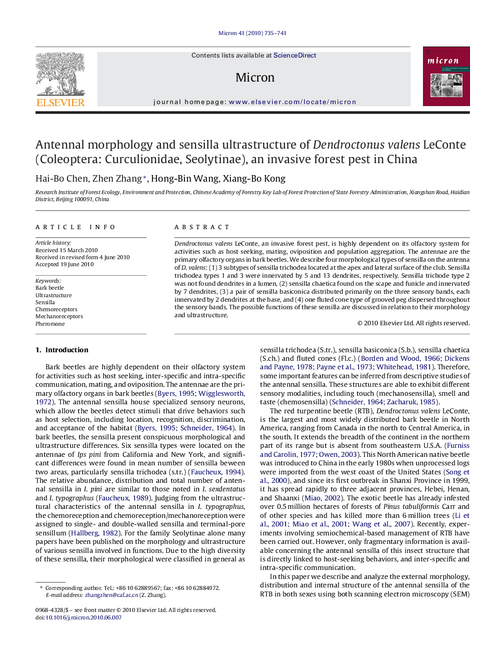 Antennal morphology and sensilla ultrastructure of Dendroctonus valens LeConte (Coleoptera: Curculionidae, Seolytinae), an invasive forest pest in China