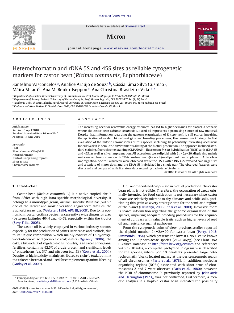 Heterochromatin and rDNA 5S and 45S sites as reliable cytogenetic markers for castor bean (Ricinus communis, Euphorbiaceae)