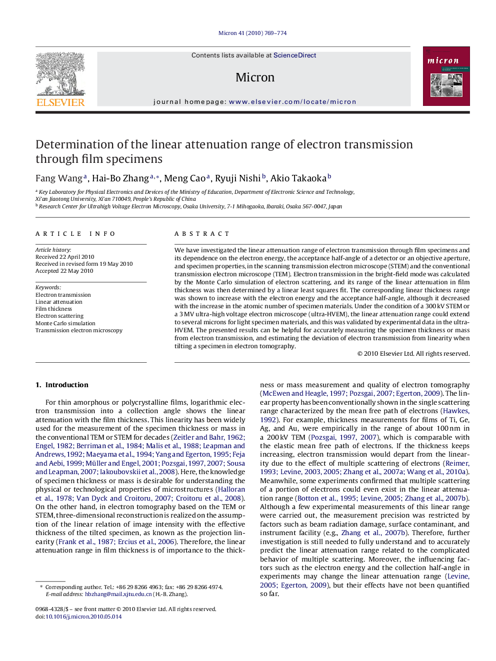 Determination of the linear attenuation range of electron transmission through film specimens