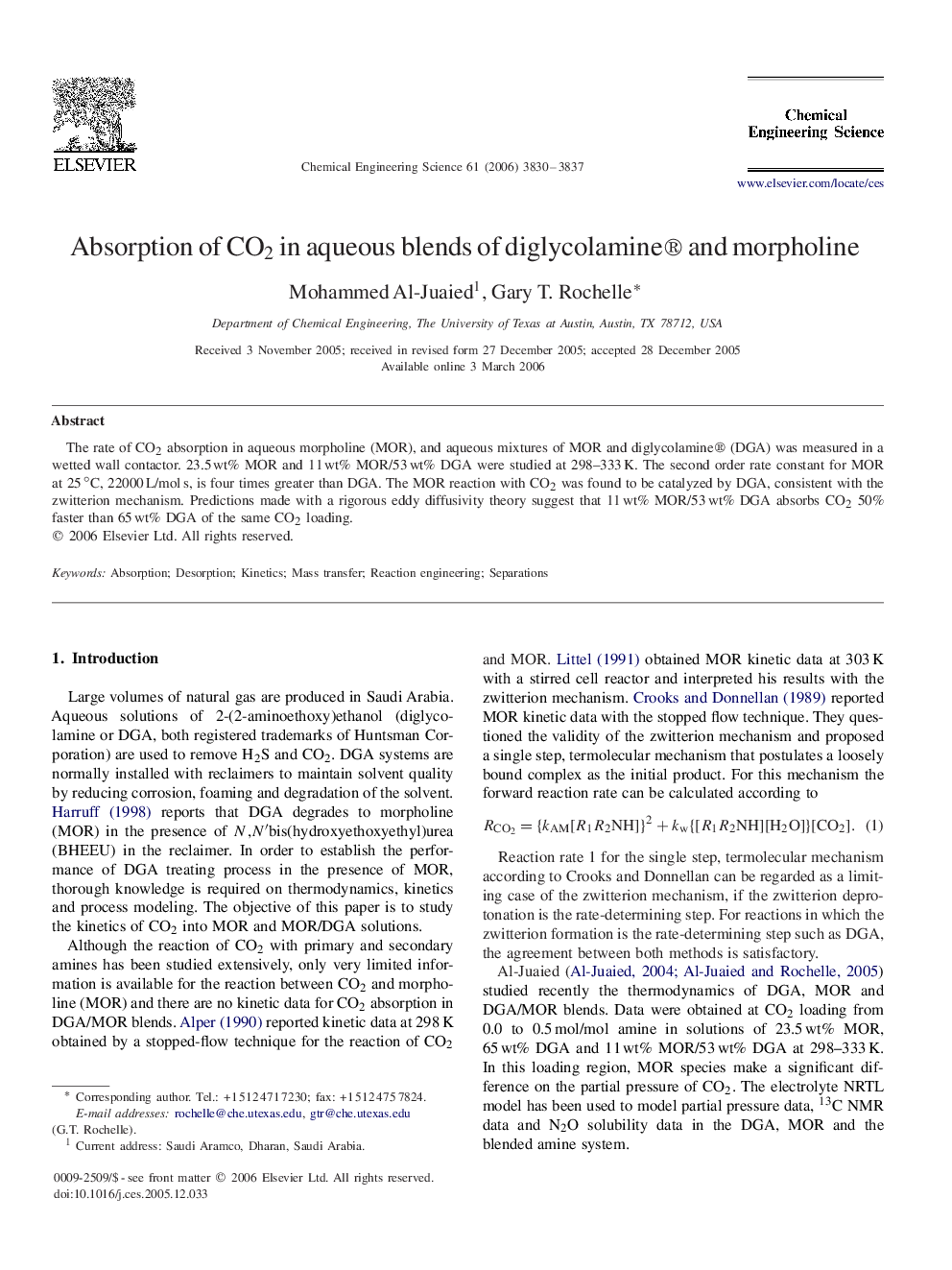 Absorption of CO2CO2 in aqueous blends of diglycolamine®® and morpholine