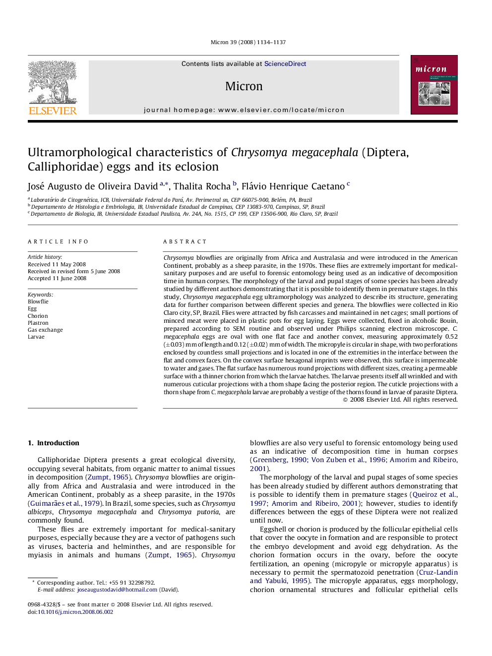 Ultramorphological characteristics of Chrysomya megacephala (Diptera, Calliphoridae) eggs and its eclosion