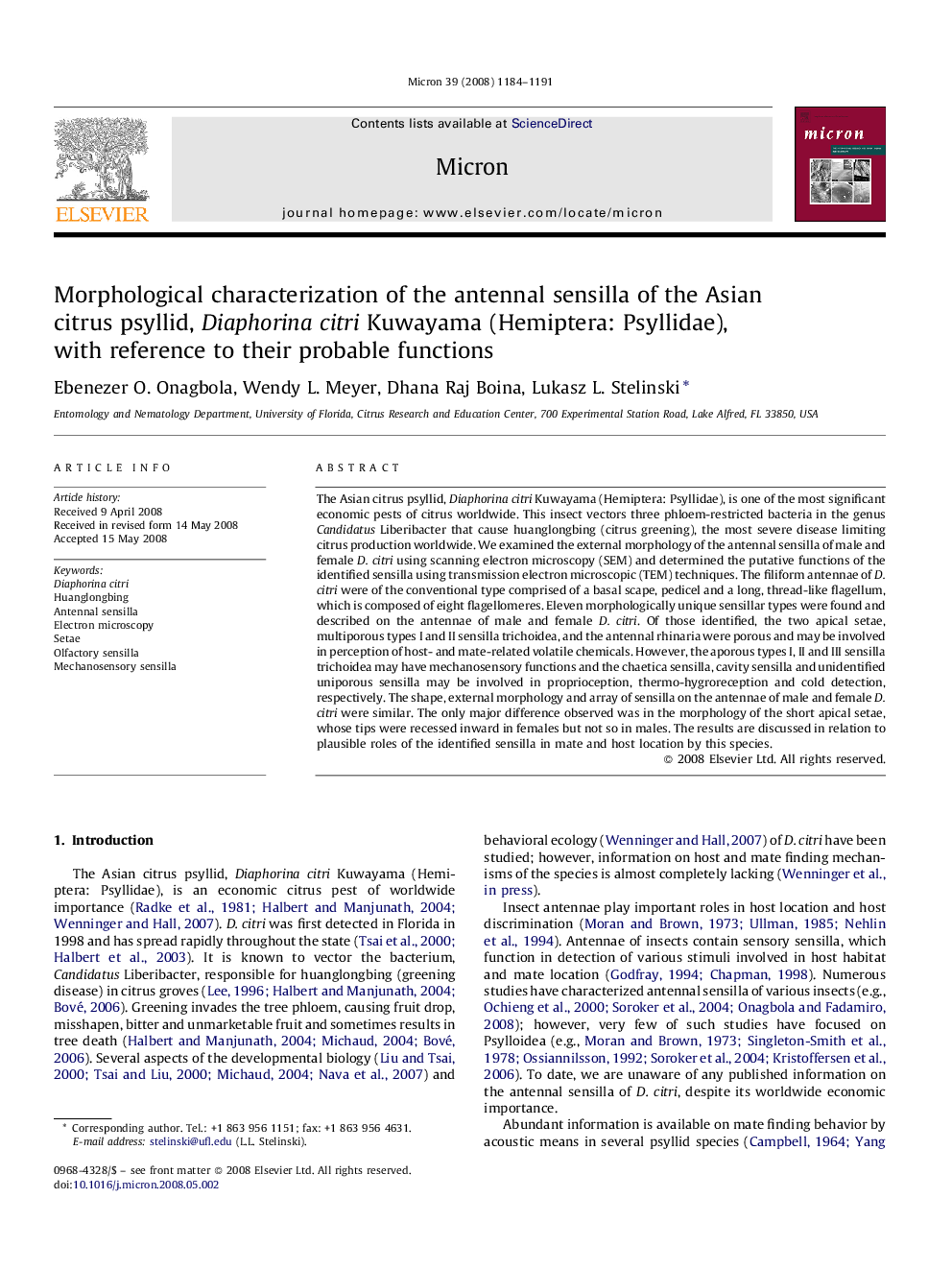 Morphological characterization of the antennal sensilla of the Asian citrus psyllid, Diaphorina citri Kuwayama (Hemiptera: Psyllidae), with reference to their probable functions