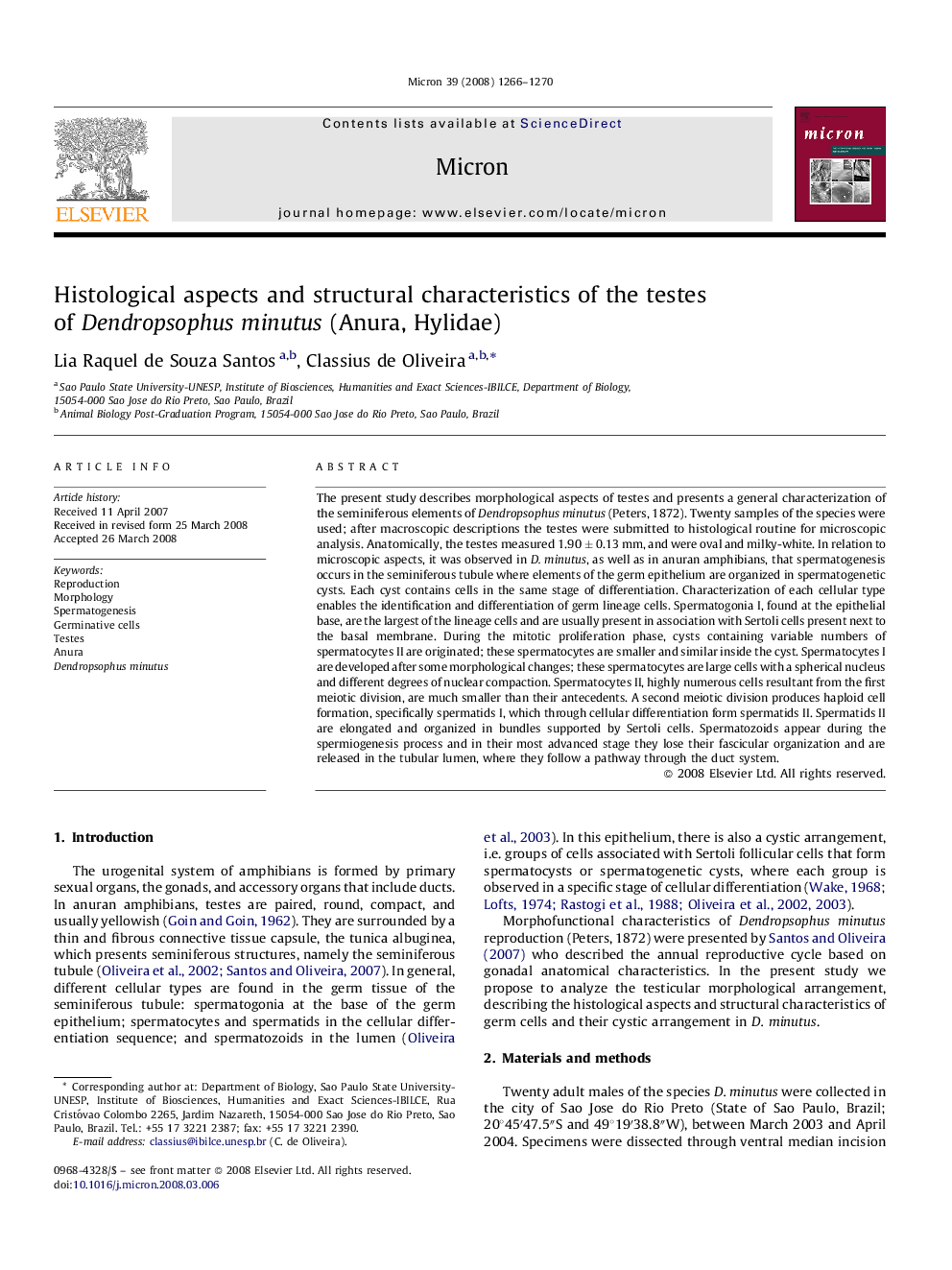 Histological aspects and structural characteristics of the testes of Dendropsophus minutus (Anura, Hylidae)