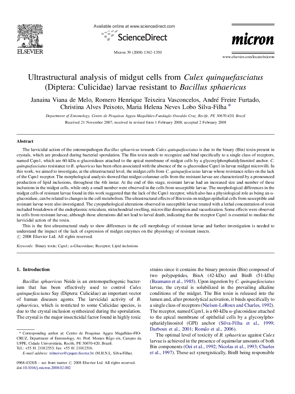 Ultrastructural analysis of midgut cells from Culex quinquefasciatus (Diptera: Culicidae) larvae resistant to Bacillus sphaericus