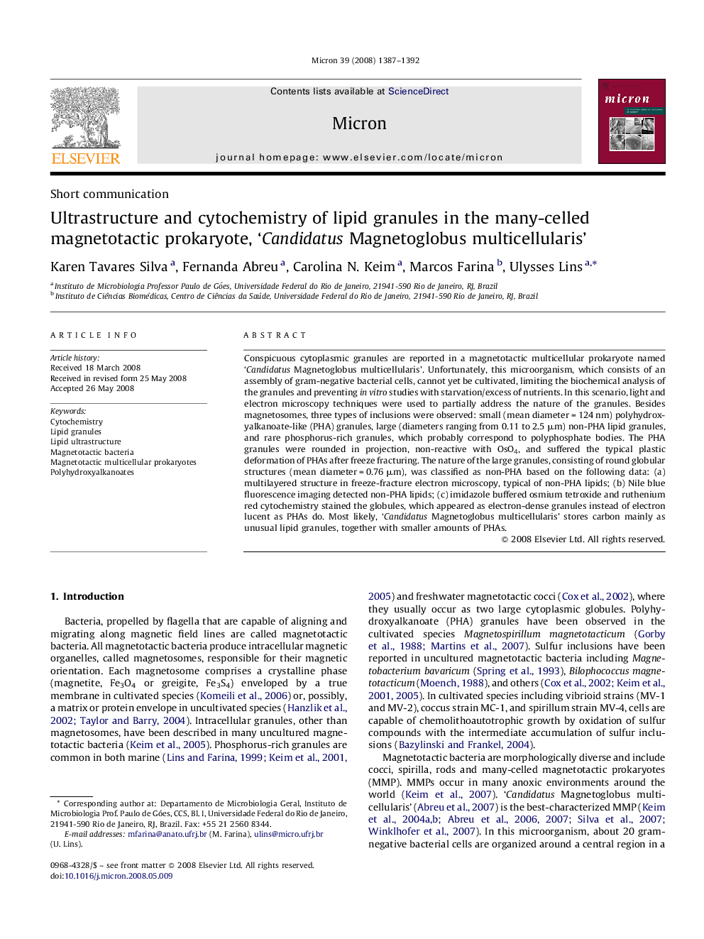 Ultrastructure and cytochemistry of lipid granules in the many-celled magnetotactic prokaryote, ‘Candidatus Magnetoglobus multicellularis’