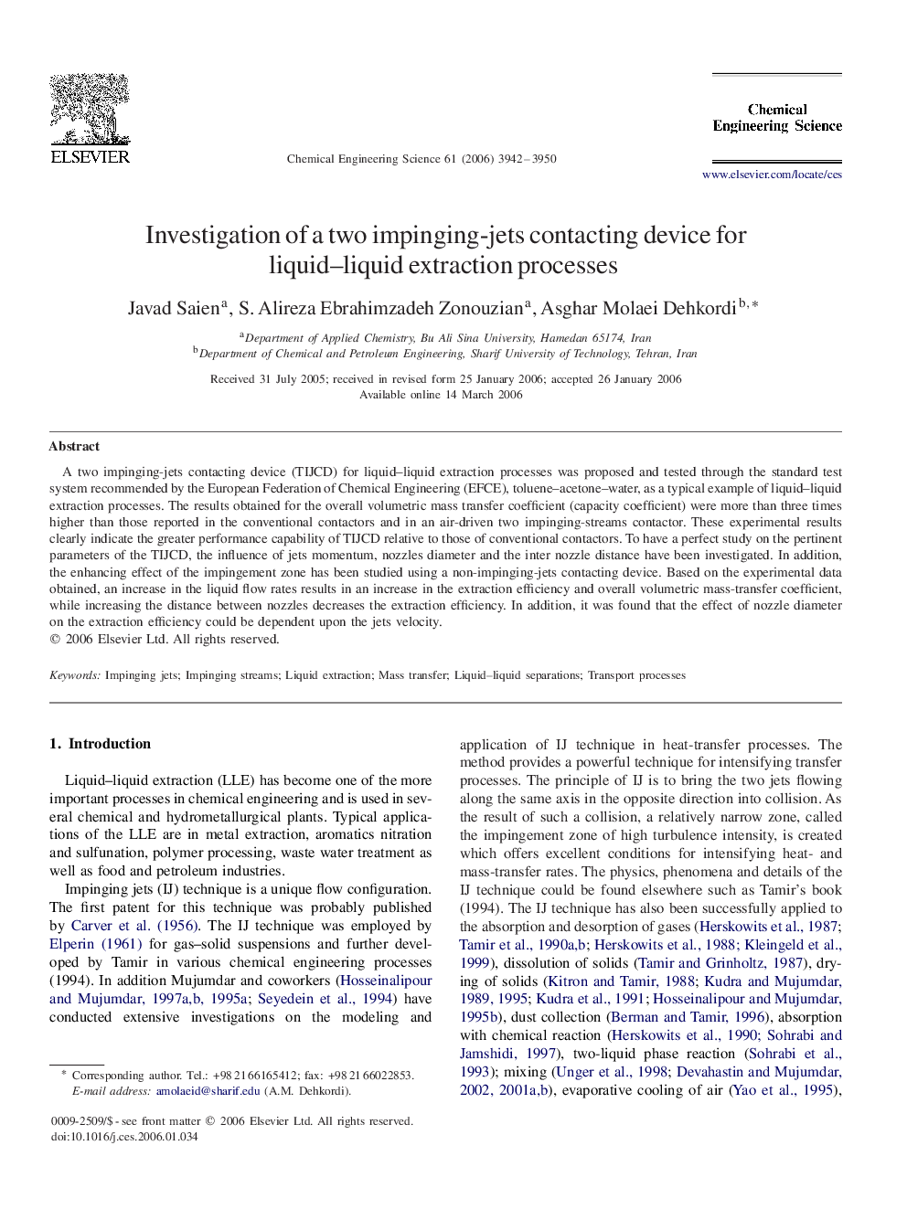 Investigation of a two impinging-jets contacting device for liquid–liquid extraction processes