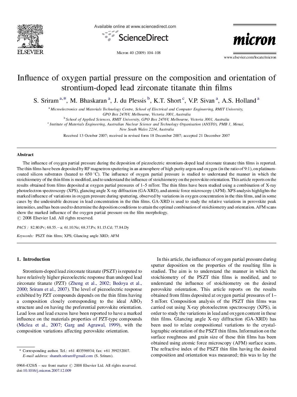 Influence of oxygen partial pressure on the composition and orientation of strontium-doped lead zirconate titanate thin films