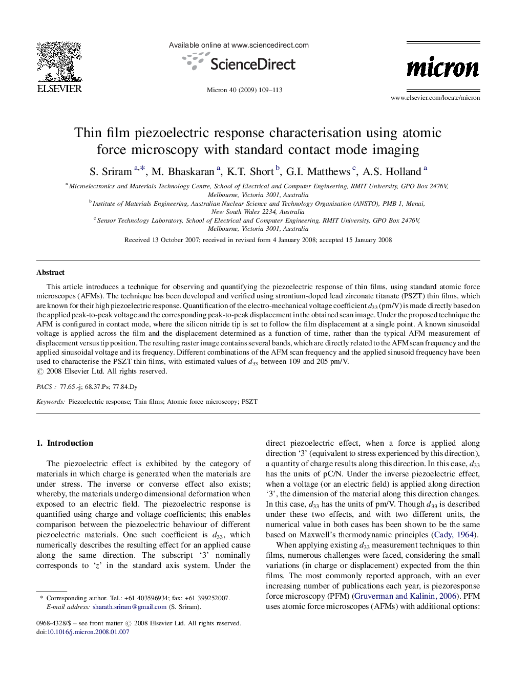 Thin film piezoelectric response characterisation using atomic force microscopy with standard contact mode imaging