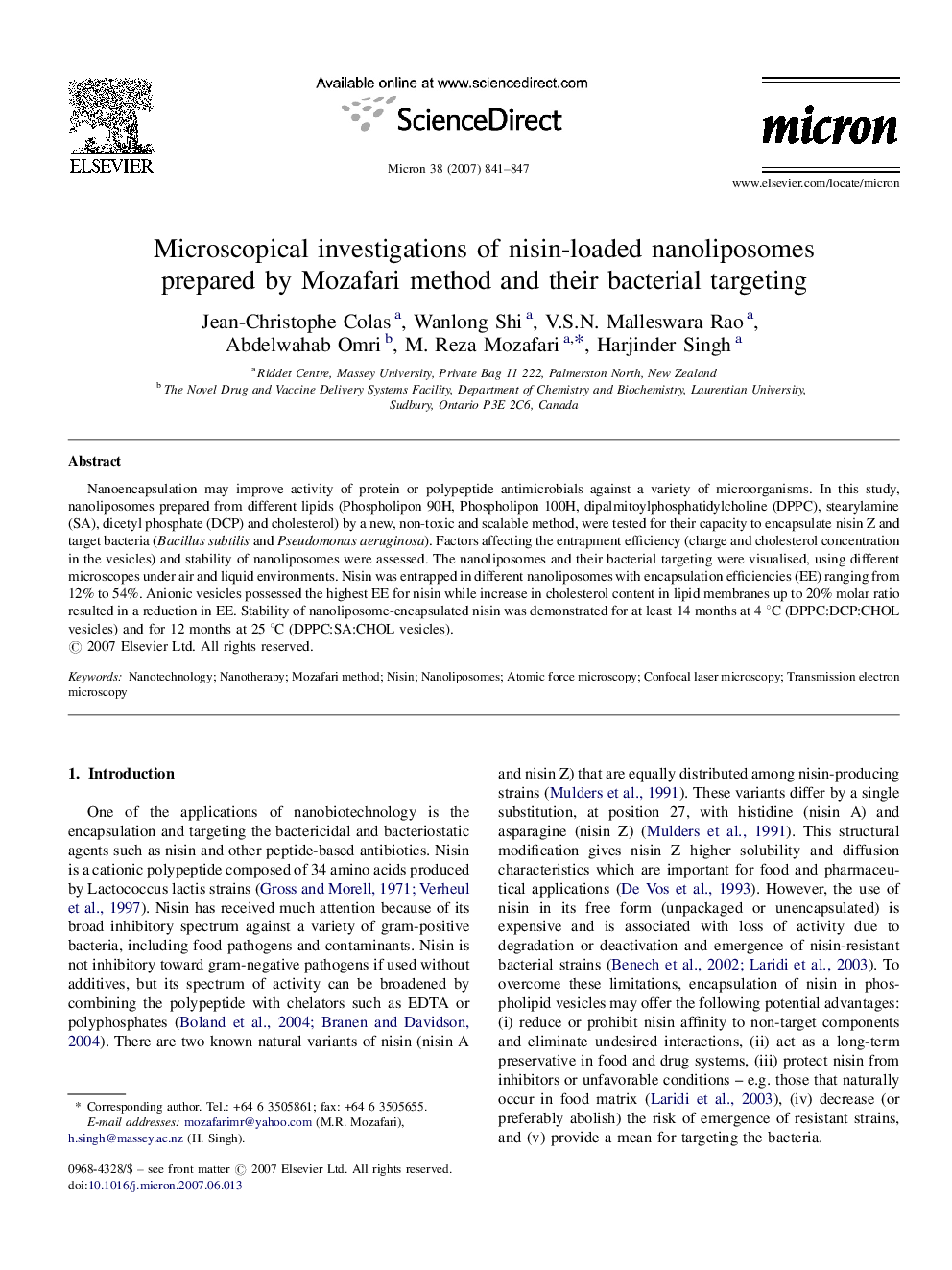 Microscopical investigations of nisin-loaded nanoliposomes prepared by Mozafari method and their bacterial targeting