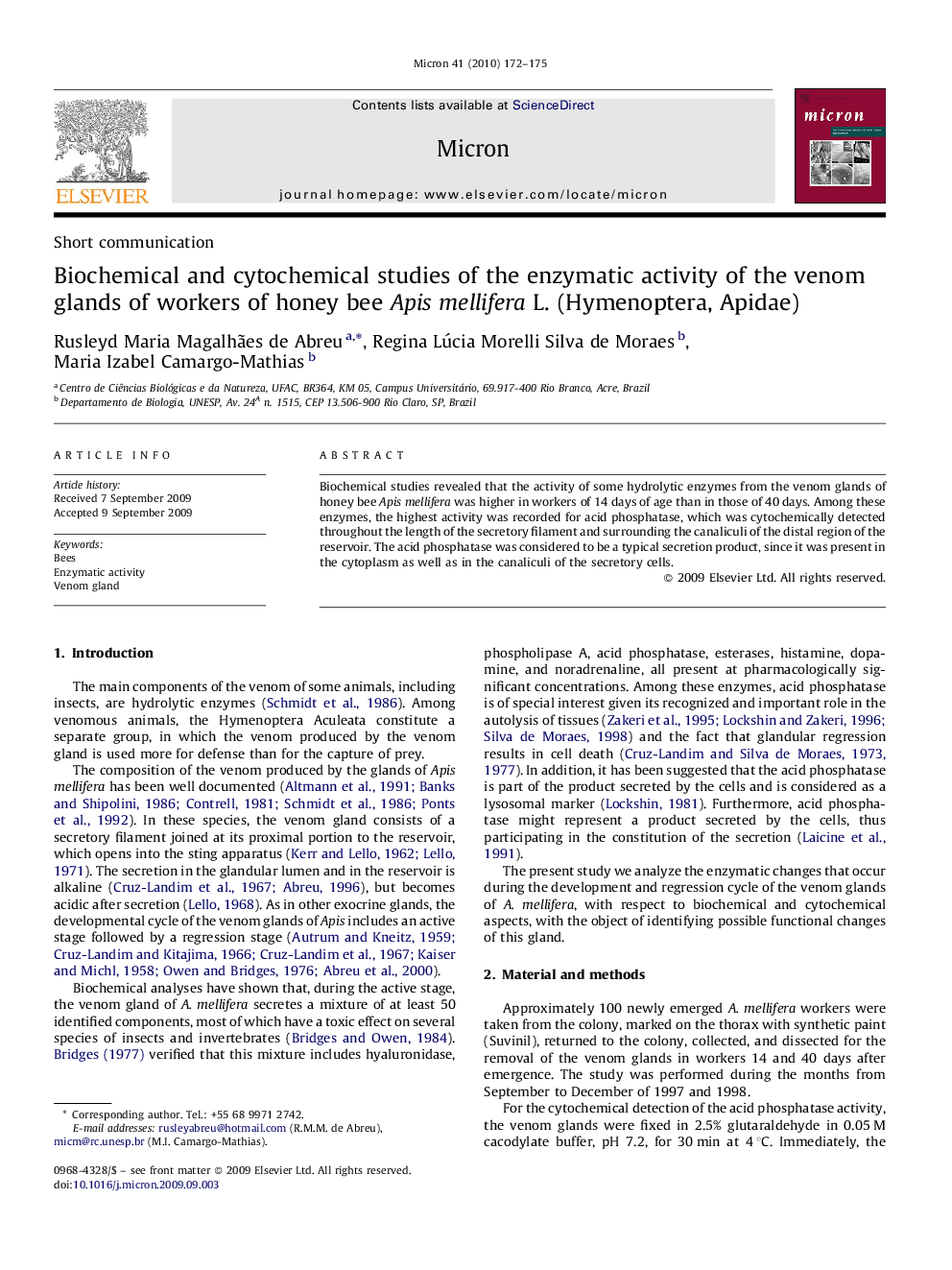 Biochemical and cytochemical studies of the enzymatic activity of the venom glands of workers of honey bee Apis mellifera L. (Hymenoptera, Apidae)