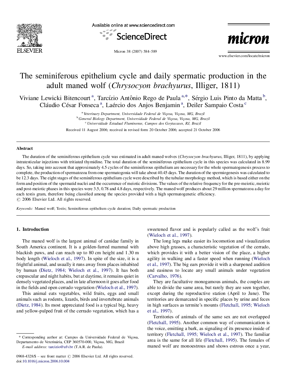 The seminiferous epithelium cycle and daily spermatic production in the adult maned wolf (Chrysocyon brachyurus, Illiger, 1811)