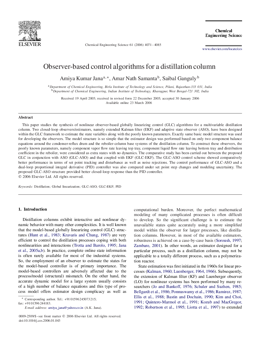 Observer-based control algorithms for a distillation column