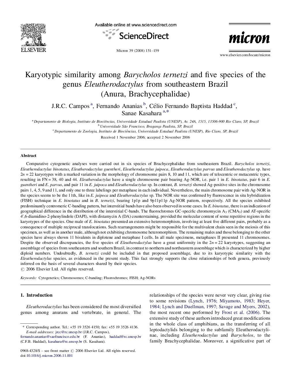 Karyotypic similarity among Barycholos ternetzi and five species of the genus Eleutherodactylus from southeastern Brazil (Anura, Brachycephalidae)