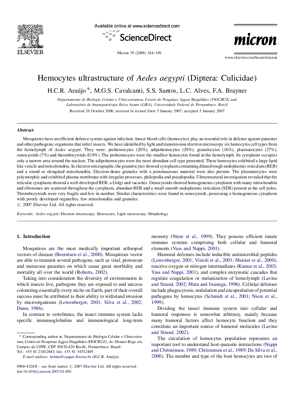 Hemocytes ultrastructure of Aedes aegypti (Diptera: Culicidae)