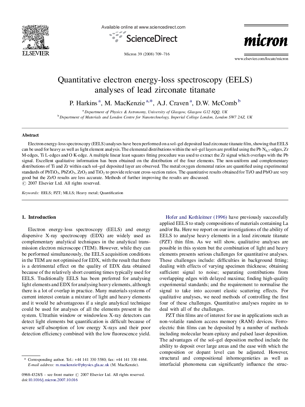 Quantitative electron energy-loss spectroscopy (EELS) analyses of lead zirconate titanate