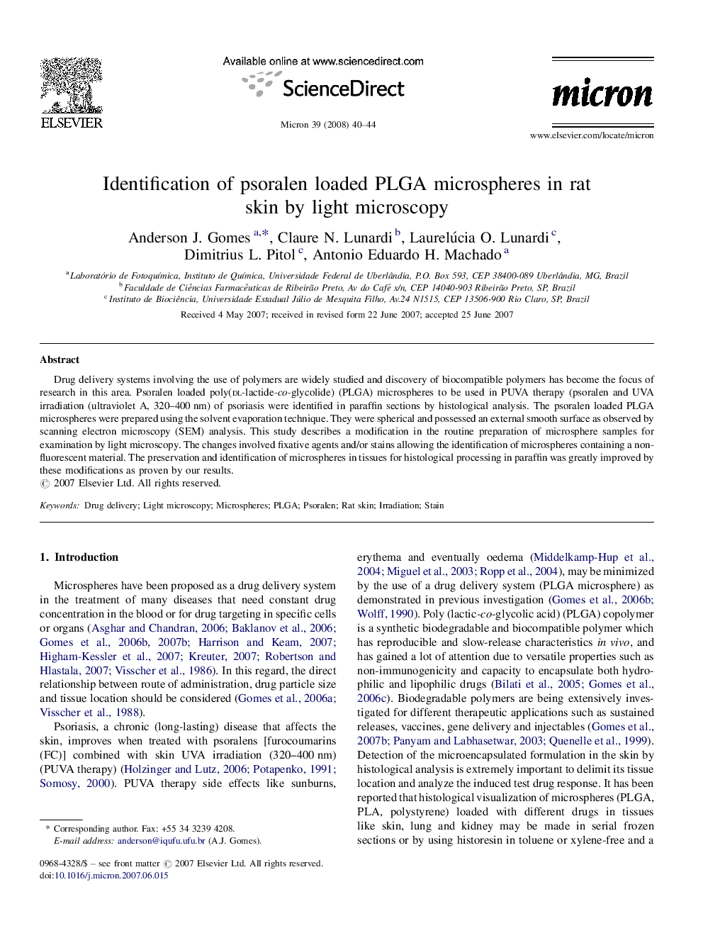 Identification of psoralen loaded PLGA microspheres in rat skin by light microscopy