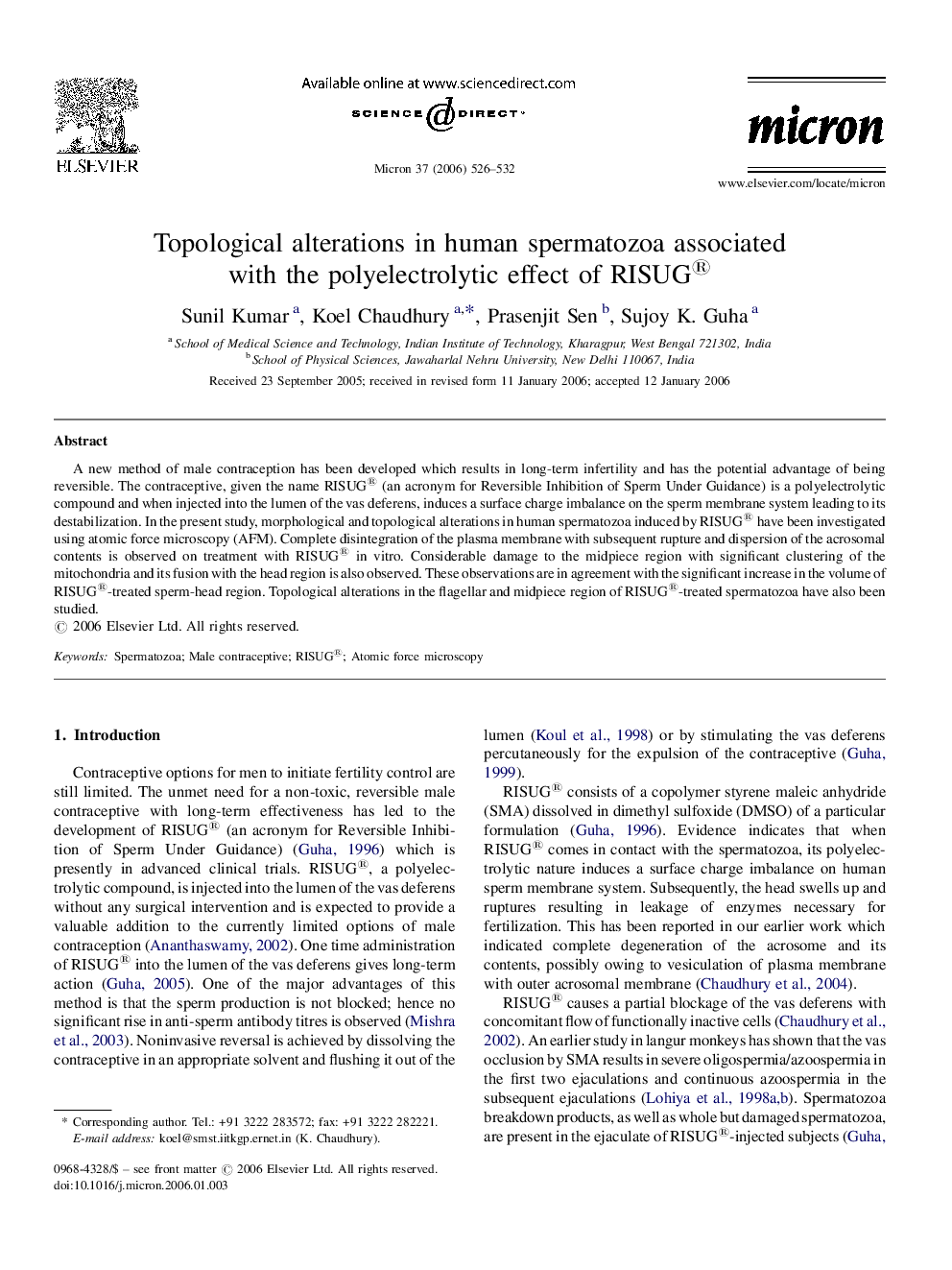 Topological alterations in human spermatozoa associated with the polyelectrolytic effect of RISUG®