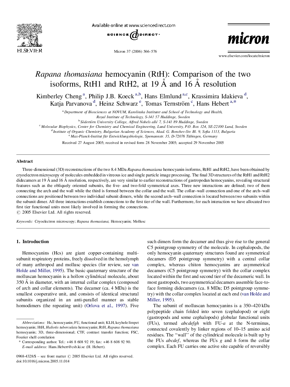 Rapana thomasiana hemocyanin (RtH): Comparison of the two isoforms, RtH1 and RtH2, at 19 Å and 16 Å resolution