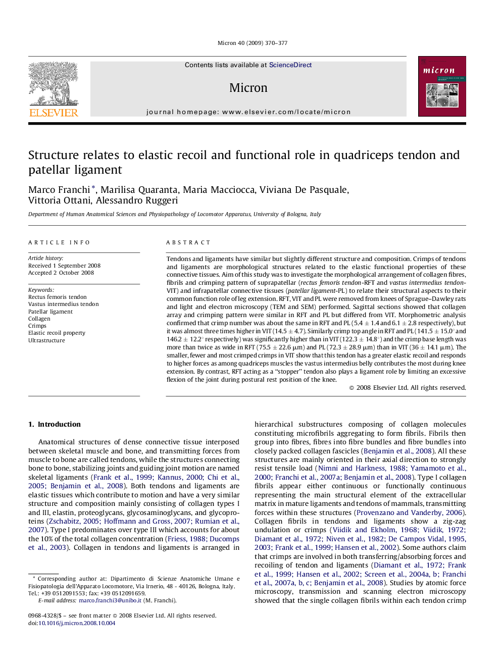 Structure relates to elastic recoil and functional role in quadriceps tendon and patellar ligament