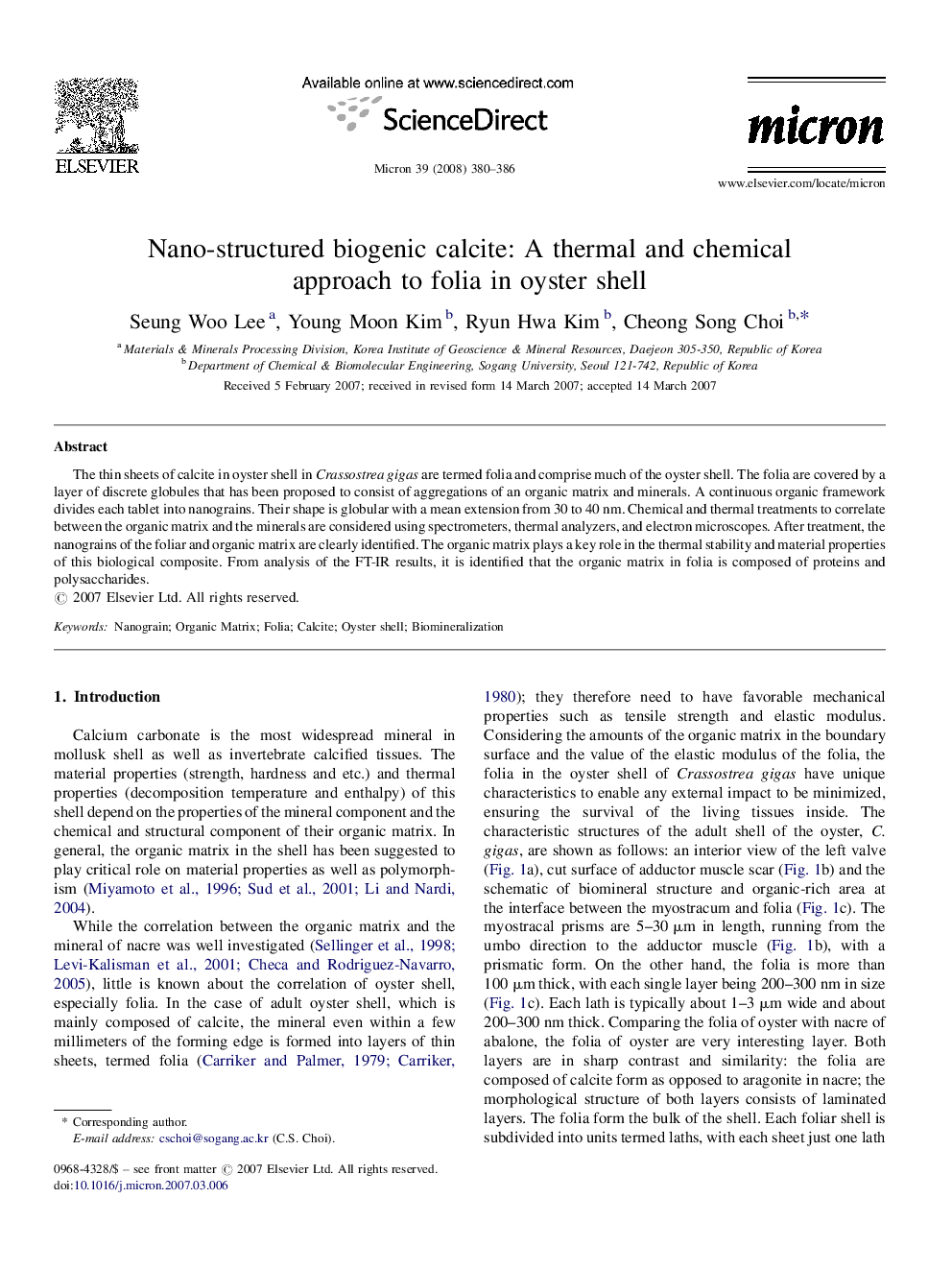 Nano-structured biogenic calcite: A thermal and chemical approach to folia in oyster shell