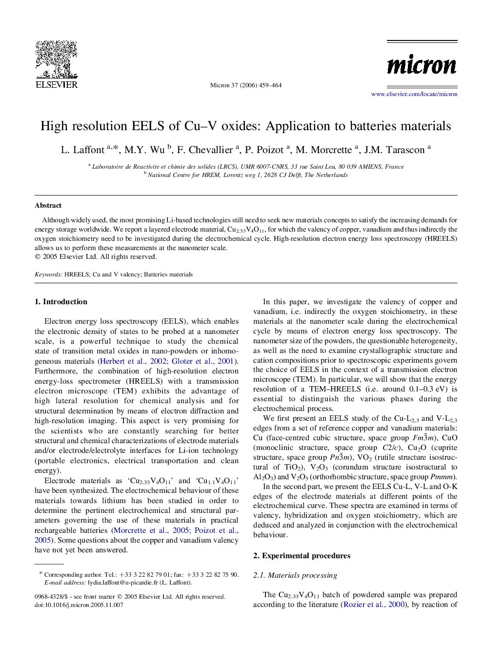 High resolution EELS of Cu–V oxides: Application to batteries materials