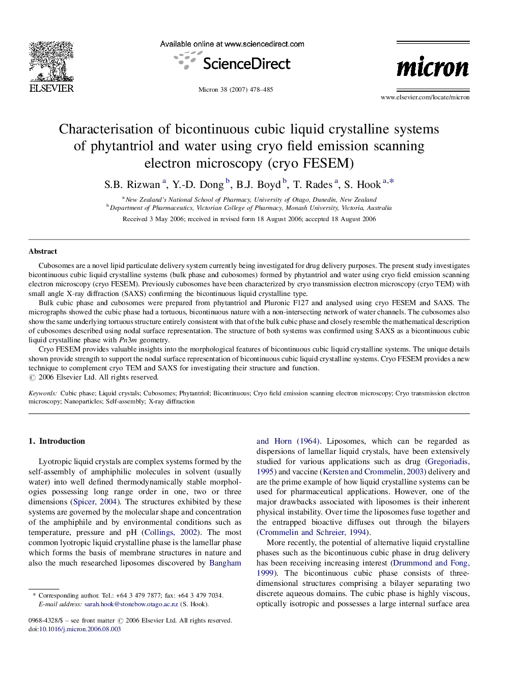 Characterisation of bicontinuous cubic liquid crystalline systems of phytantriol and water using cryo field emission scanning electron microscopy (cryo FESEM)