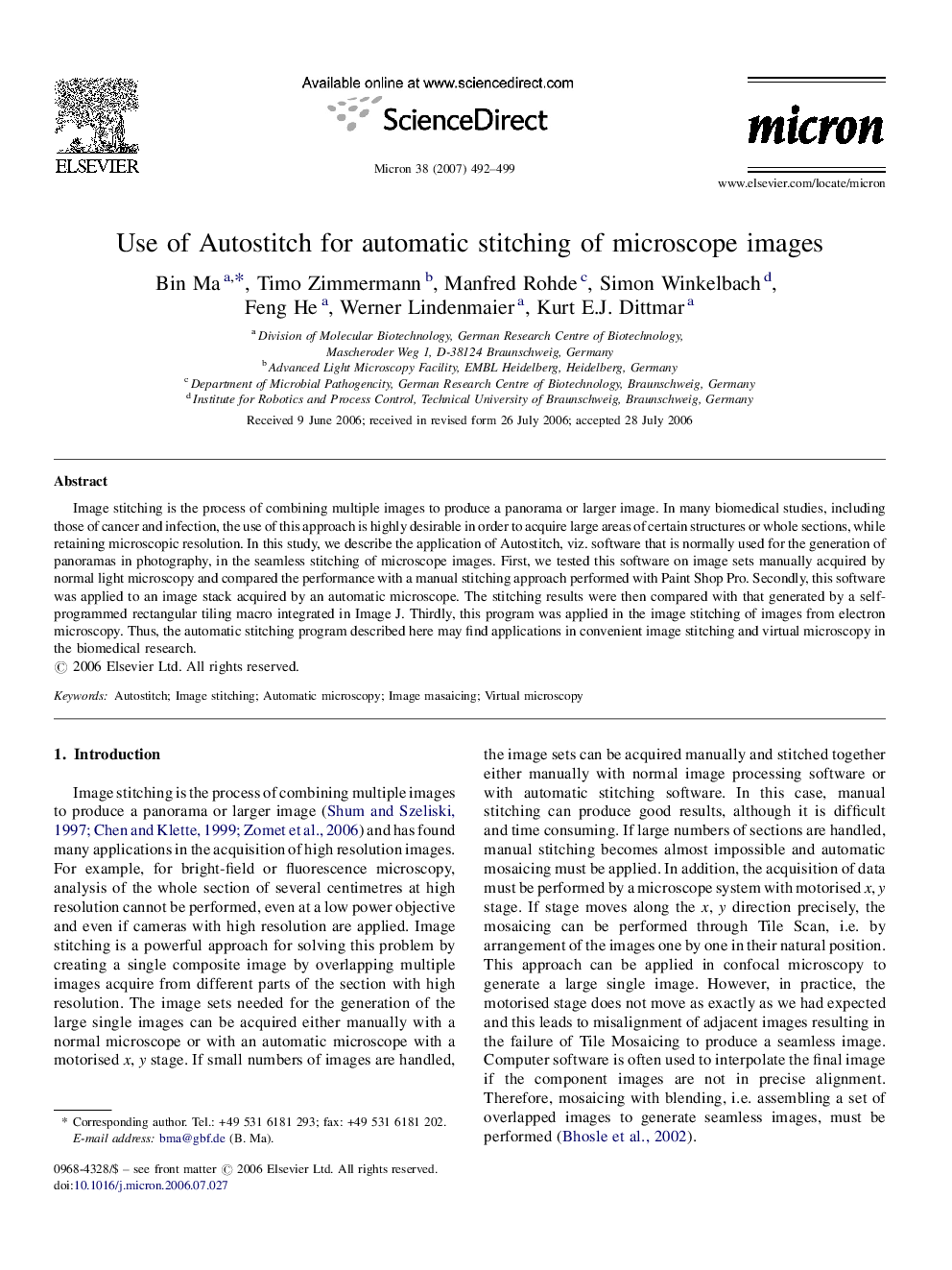 Use of Autostitch for automatic stitching of microscope images