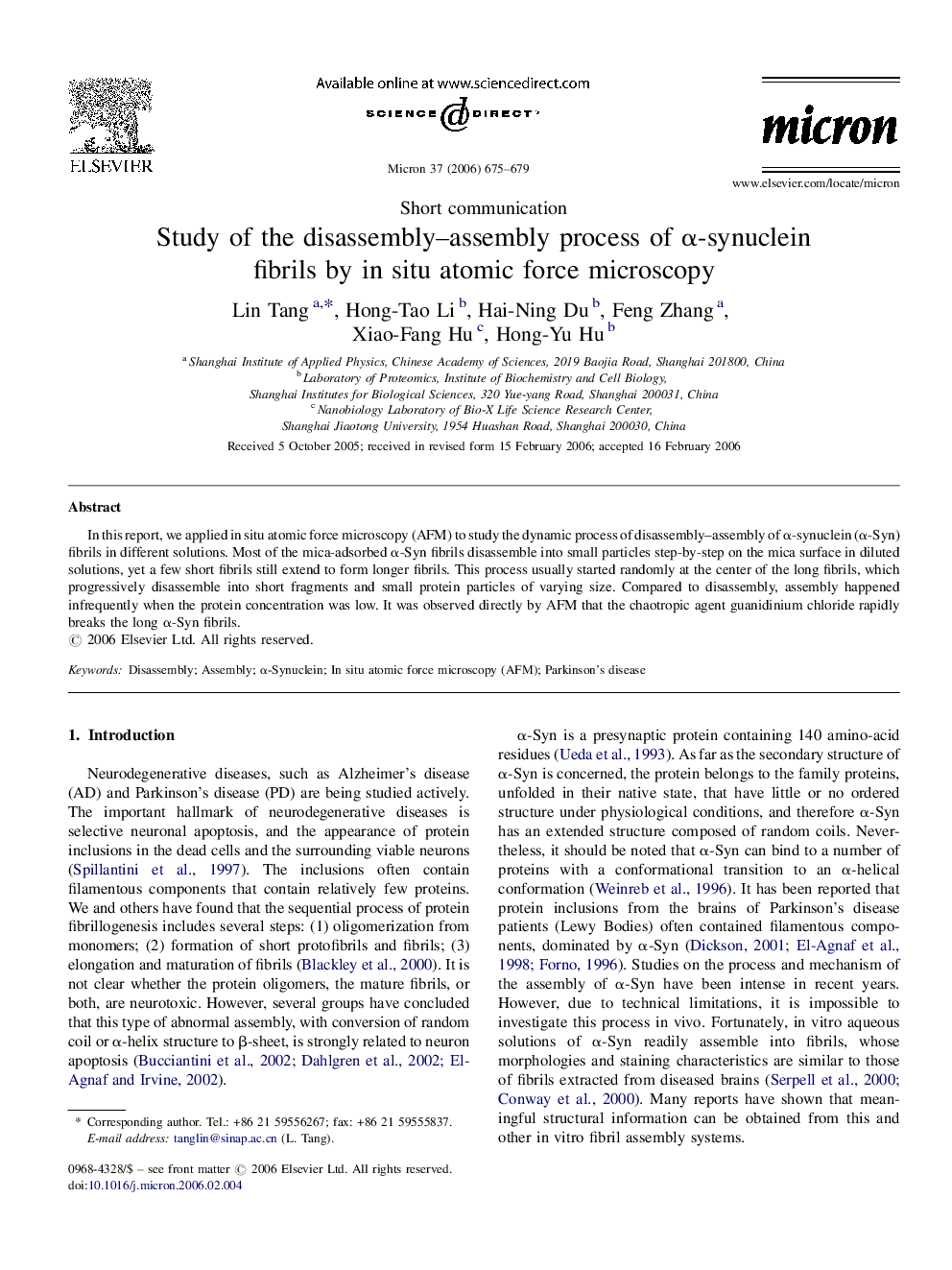 Study of the disassembly–assembly process of α-synuclein fibrils by in situ atomic force microscopy