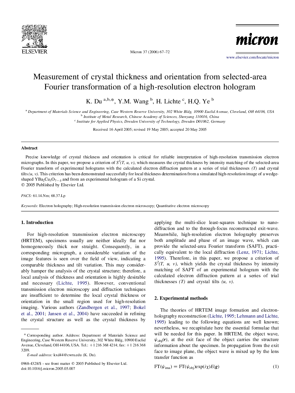 Measurement of crystal thickness and orientation from selected-area Fourier transformation of a high-resolution electron hologram