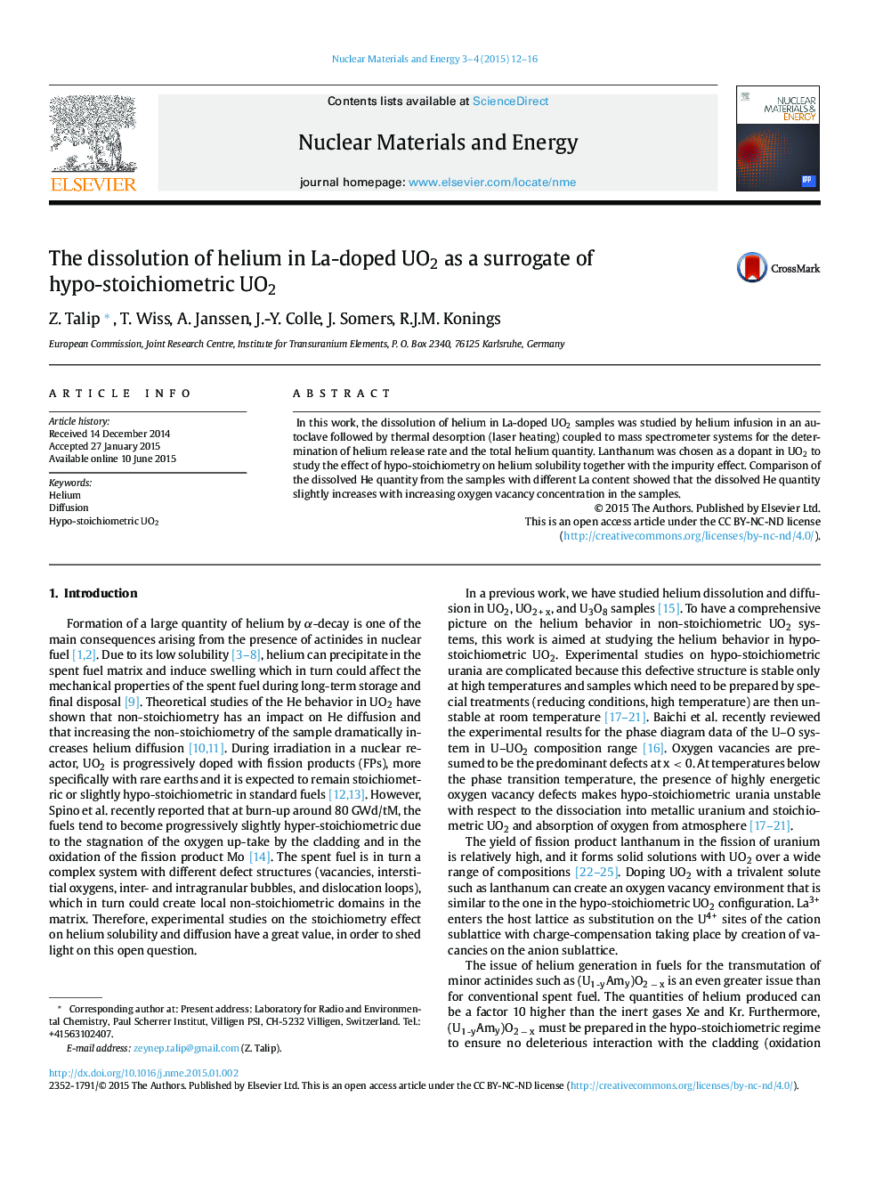 عکس صفحه اول مقاله: The dissolution of helium in La-doped UO2 as a surrogate of hypo-stoichiometric UO2 The dissolution of helium in La-doped UO2 as a surrogate of hypo-stoichiometric UO2