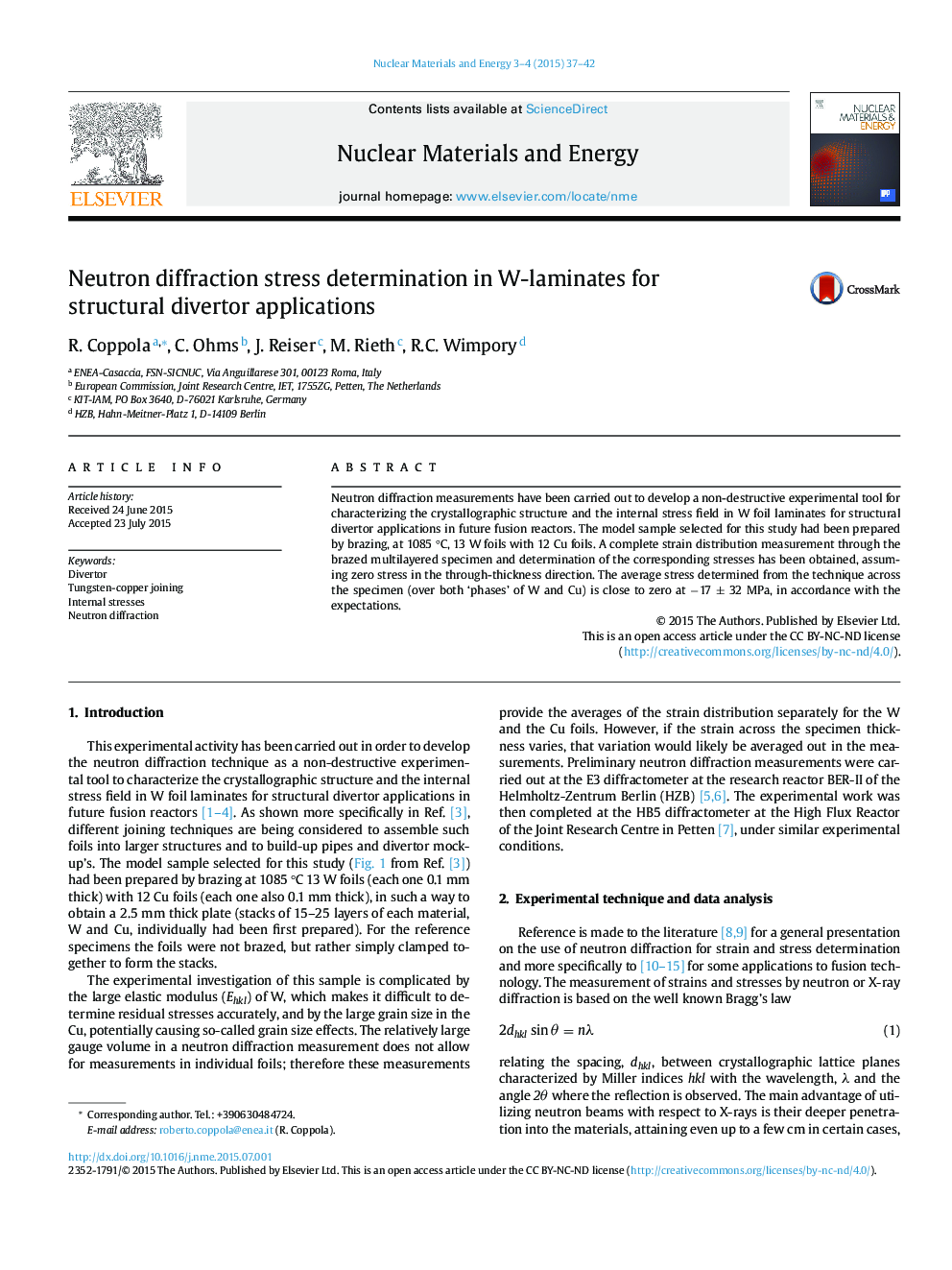 Neutron diffraction stress determination in W-laminates for structural divertor applications