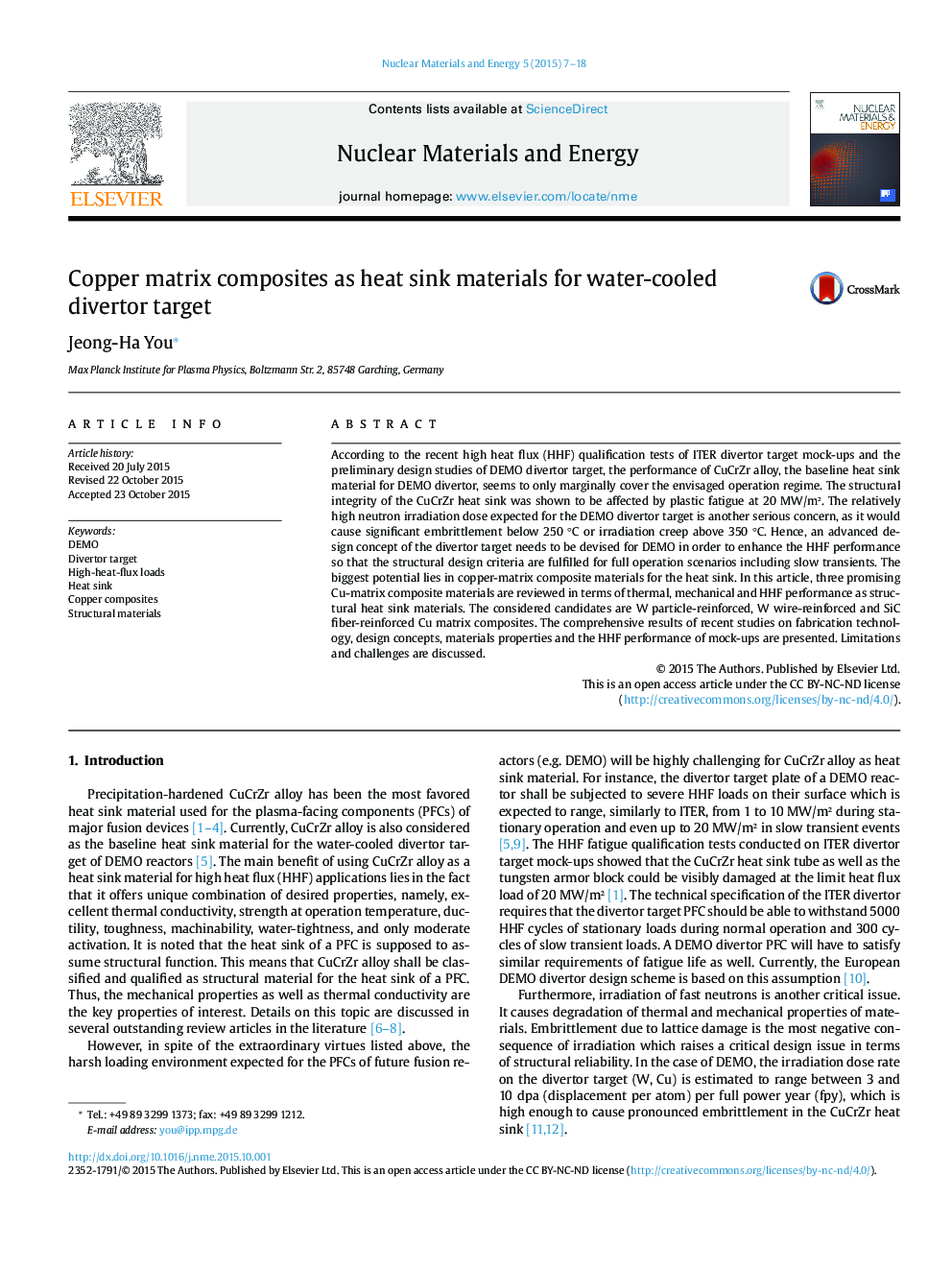 Copper matrix composites as heat sink materials for water-cooled divertor target