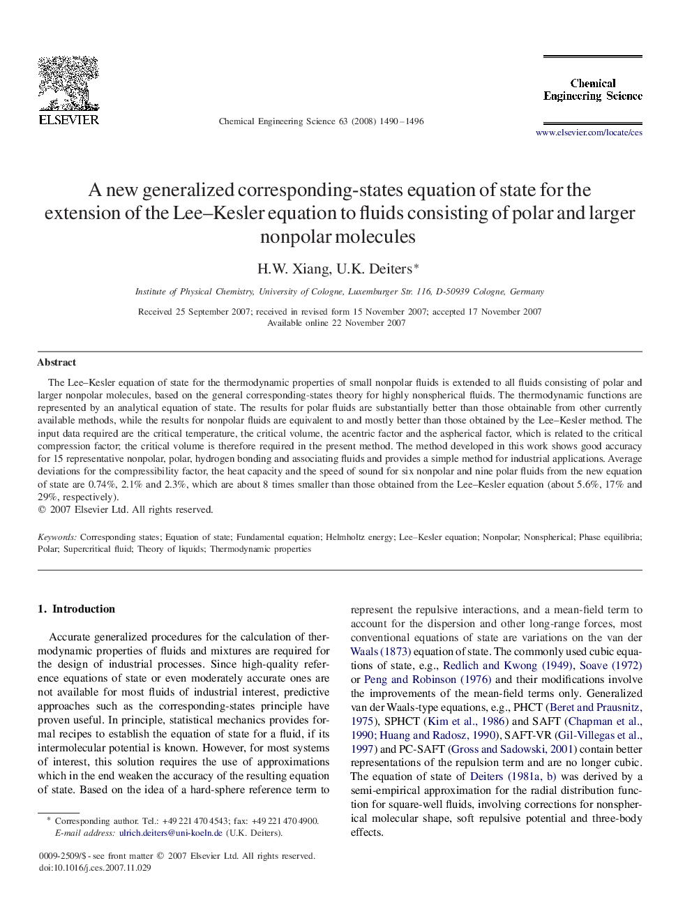 A new generalized corresponding-states equation of state for the extension of the Lee–Kesler equation to fluids consisting of polar and larger nonpolar molecules