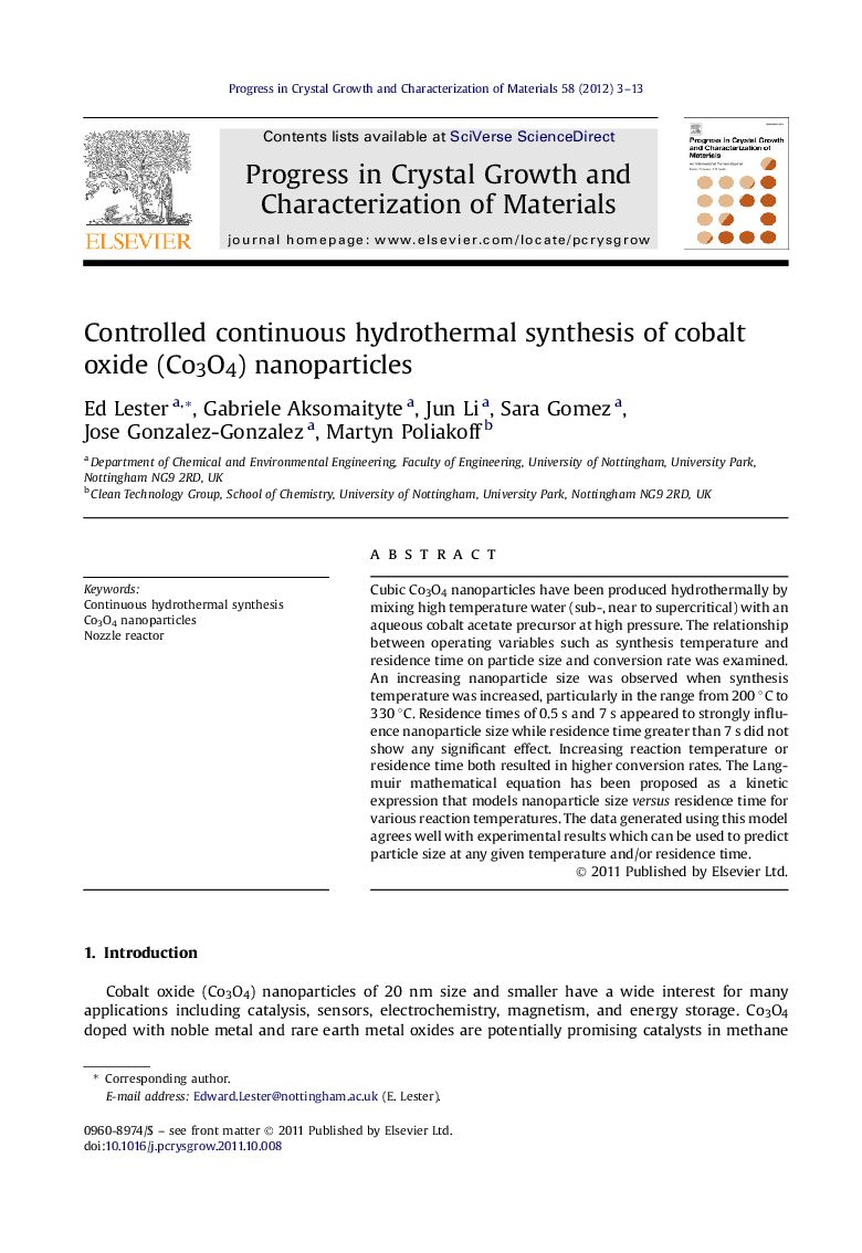 Controlled continuous hydrothermal synthesis of cobalt oxide (Co3O4) nanoparticles