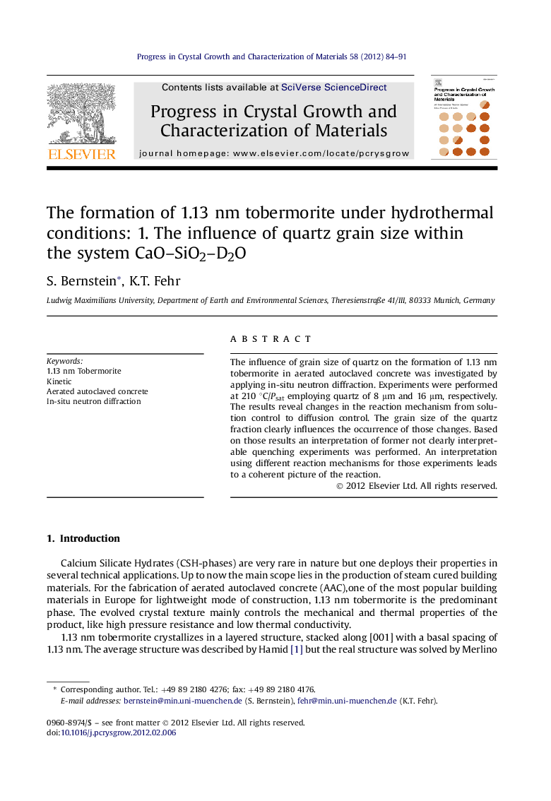 The formation of 1.13 nm tobermorite under hydrothermal conditions: 1. The influence of quartz grain size within the system CaO–SiO2–D2O