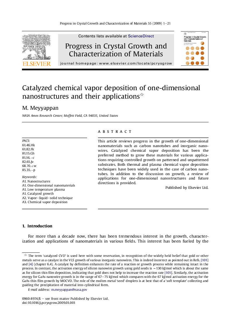 Catalyzed chemical vapor deposition of one-dimensional nanostructures and their applications 