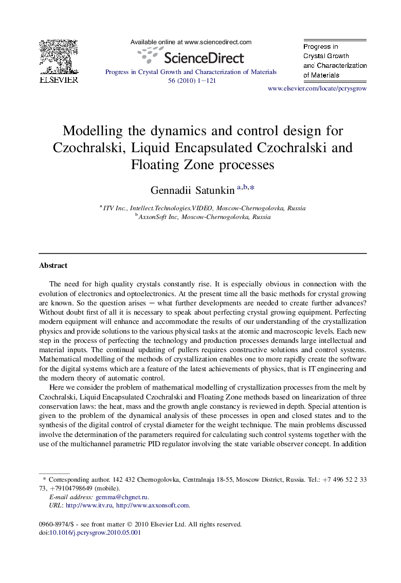 Modelling the dynamics and control design for Czochralski, Liquid Encapsulated Czochralski and Floating Zone processes