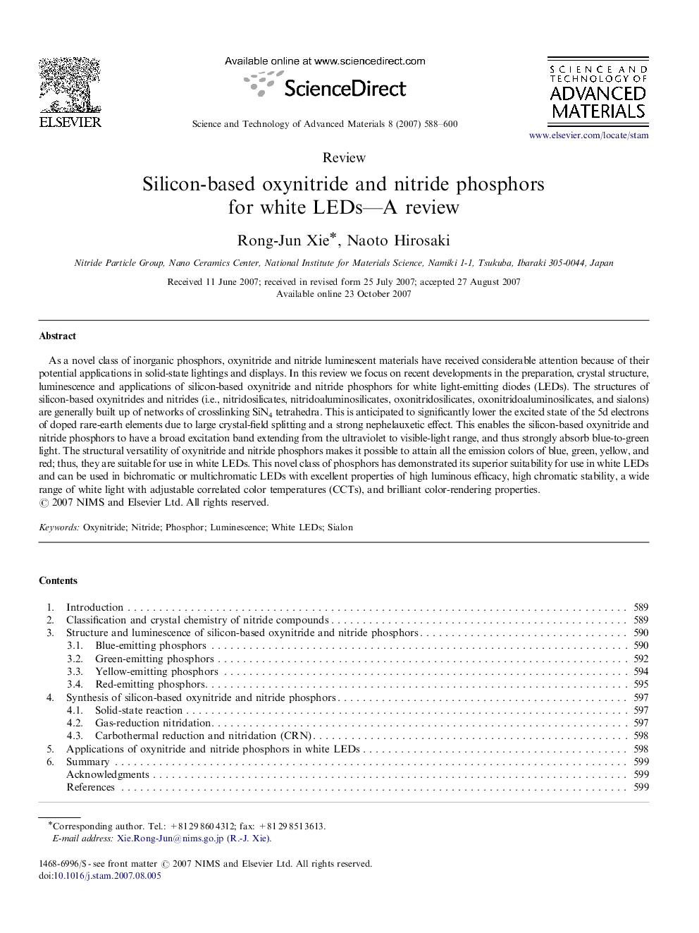 Silicon-based oxynitride and nitride phosphors for white LEDs-A review