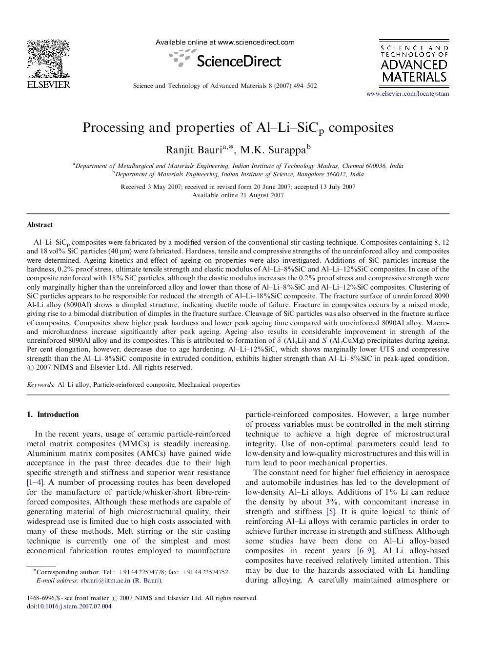 Processing and properties of Al-Li-SiCp composites