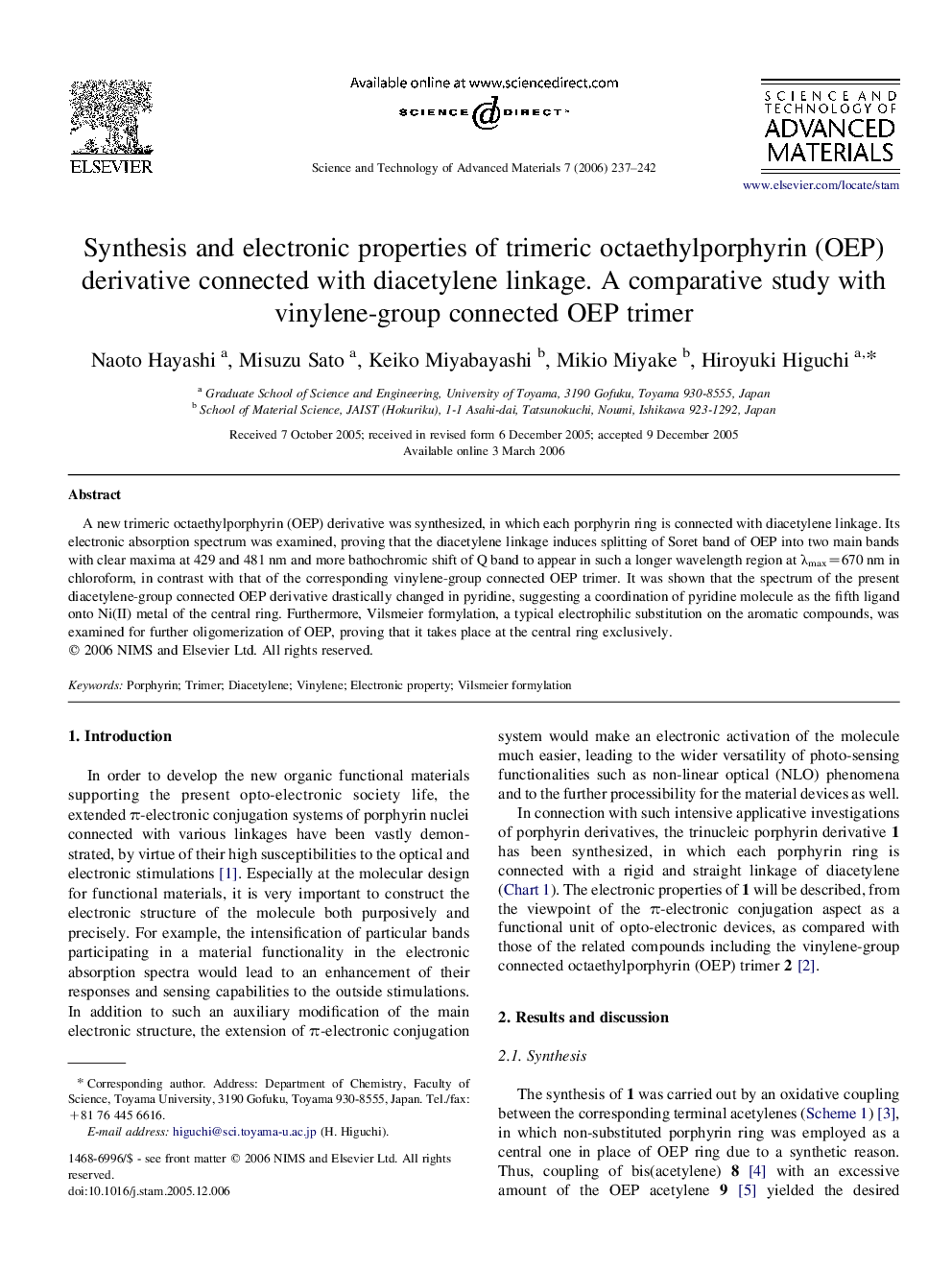 Synthesis and electronic properties of trimeric octaethylporphyrin (OEP) derivative connected with diacetylene linkage. A comparative study with vinylene-group connected OEP trimer