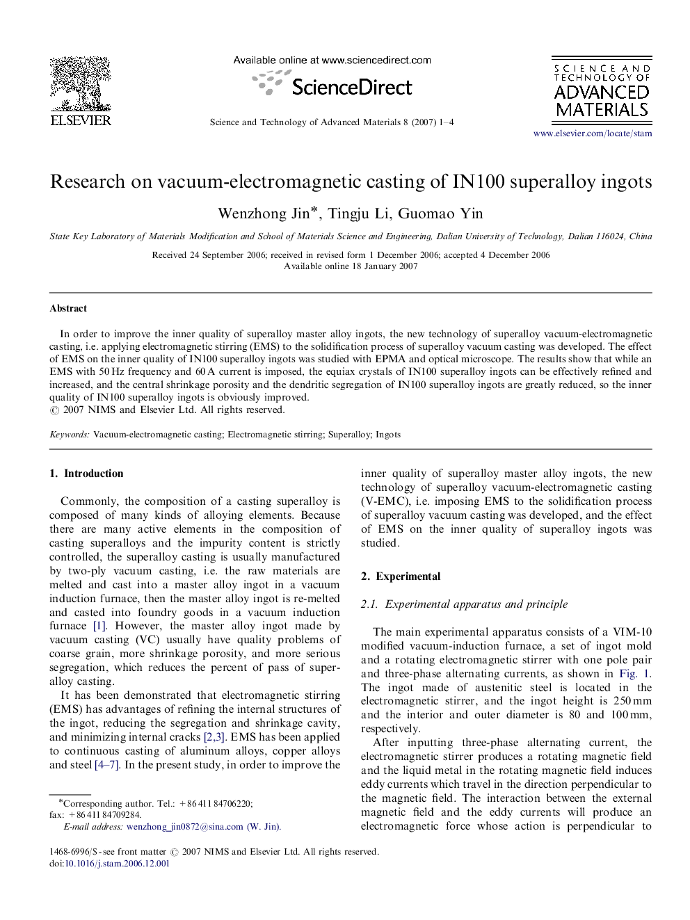 Research on vacuum-electromagnetic casting of IN100 superalloy ingots