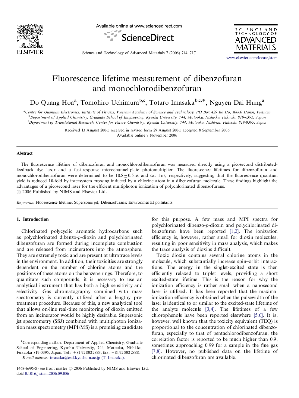 Fluorescence lifetime measurement of dibenzofuran and monochlorodibenzofuran