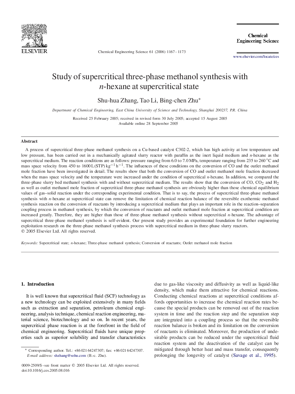 Study of supercritical three-phase methanol synthesis with n-hexane at supercritical state